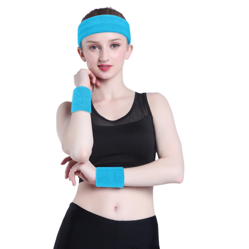 ONUPGO Sweatband Set Sports Headband Wrist Striped Sweatbands Terry Cloth Wristband Athletic Exercise Basketball Wrist Sweatband and Headbands Moisture Wicking Sweat Absorbing Head Band Neon Blue - Image 4